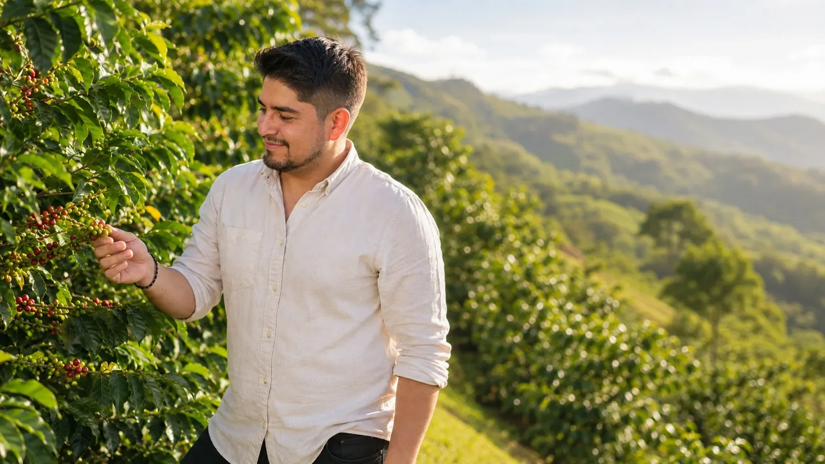 José Brenes recoge cerezas de café en una finca de Costa Rica